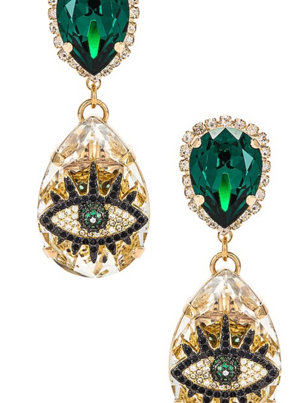 Gold-Tone Green Crystal Drop Earrings with Eye Motif